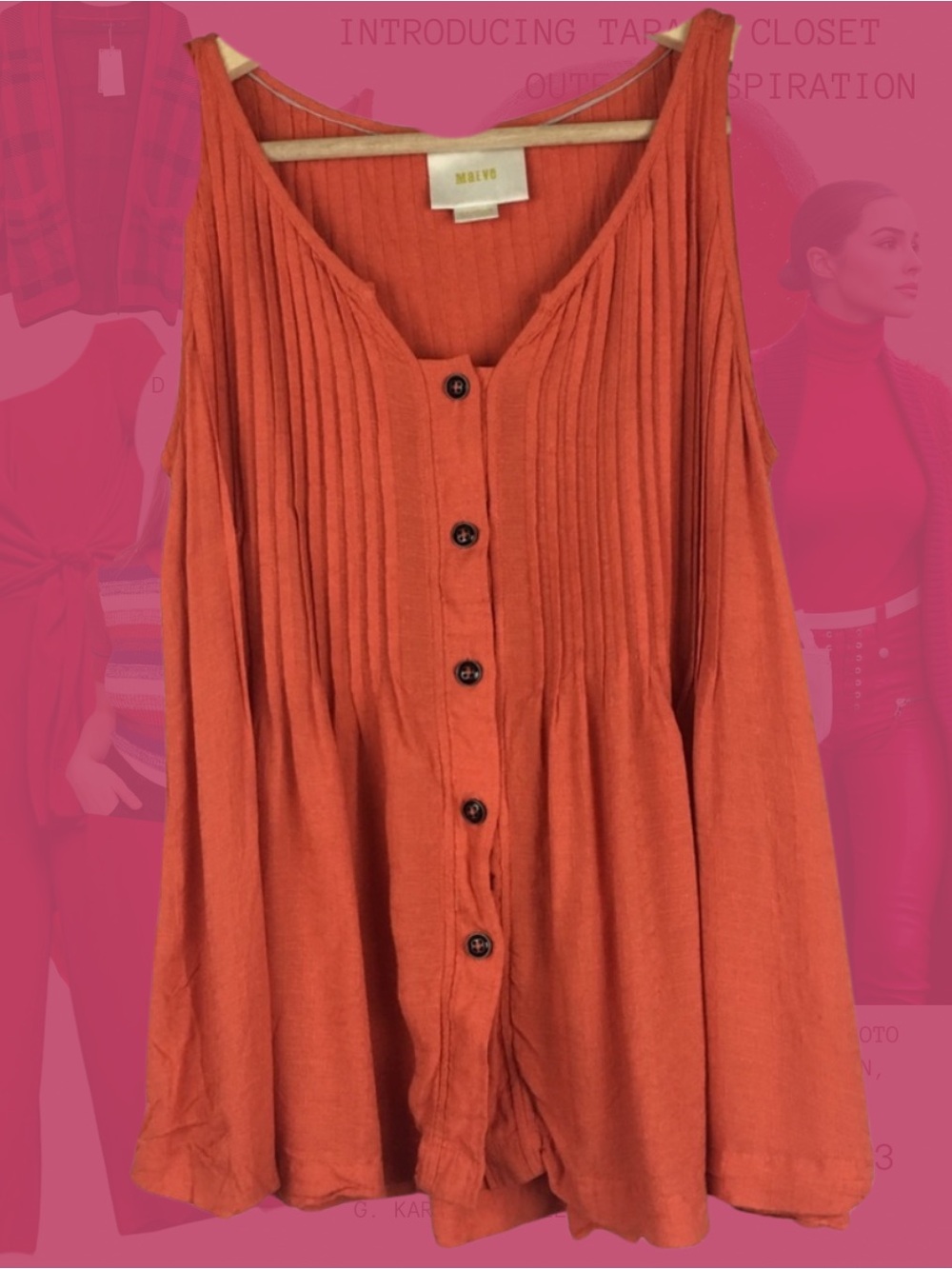 Maeve Orange Button-Front Pleated Tank Top